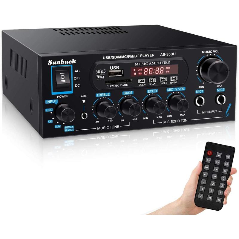 Stereo Receivers with Bluetooth 5.0, 2 Channel Sound Stereo Amplifier, Max 400Wx2, with USB SD RCA MIC FM in, Remote, Receiver for Speaker, AS-35BU Audio Karaoke