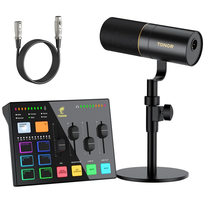 TONOR Podcast Equipment Bundle, Gaming Audio Interface and XLR Dynamic Microphone Set, USB Audio Mixer with RGB Lighting, for Gaming & Streaming, Content Creators, High Fidelity, Studio Quality Set