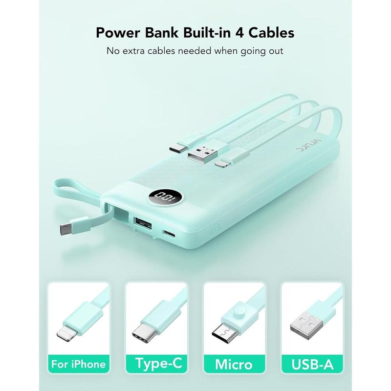 Vrurc portable charger with built-in cables, 10000mAh LED display USB C power bank, 5 output 2 input travel phone charger, slim external battery compatible with iPhone,Samsung, android-Green(1 pack)