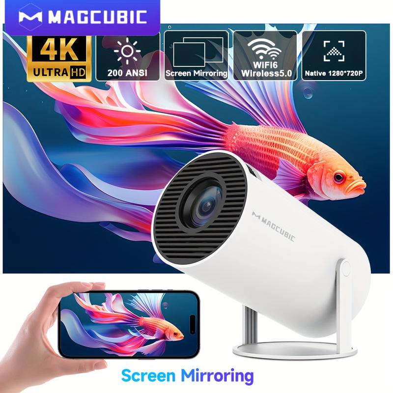 Hy300 Pro Mini Portable Projector, 4K 260 ANSI smart projector with WiFi 6 bt 5.0, screen adjustment, 180 degree rotation, home