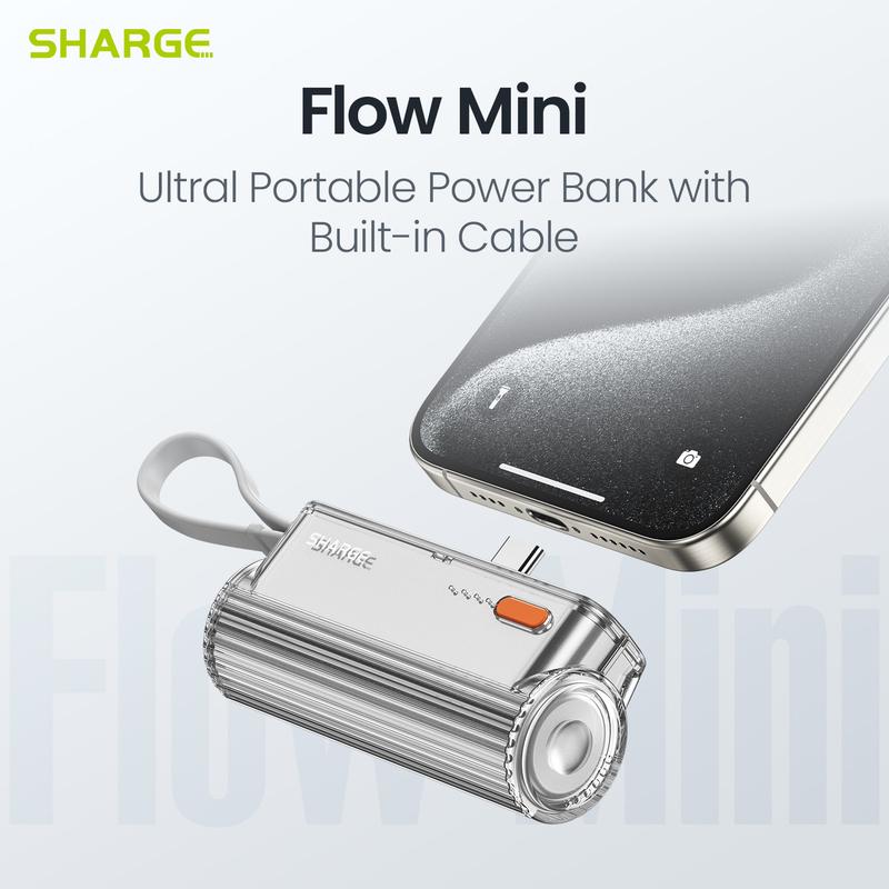 SHARGE Flow Mini Portable Charger, 5000mAh Mini Power Bank with Changeable Plugs and Built in Cable, Dual Output USB-C