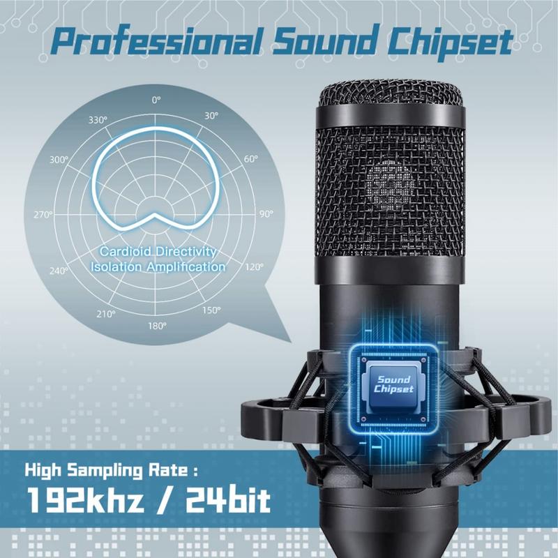 USB Microphone, Professional 192kHz 24Bit Plug & Play PC Computer Condenser Cardioid Mic Kit with Sound Advanced Chipset, for Streaming, Podcast, Studio Recording and Games Audio Smartphone