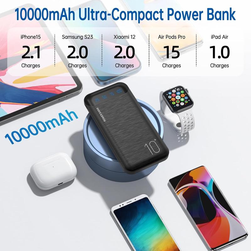 Power Bank 10000mAh Portable Charger ,Slim External Battery Pack with 2 USB 2.4A Outputs and USB C in Out Compatible for iPhone 15 14 13 12 iPad Samsung Galaxy S20 Android Tablet Charging Electronic Smartphone Chargeable