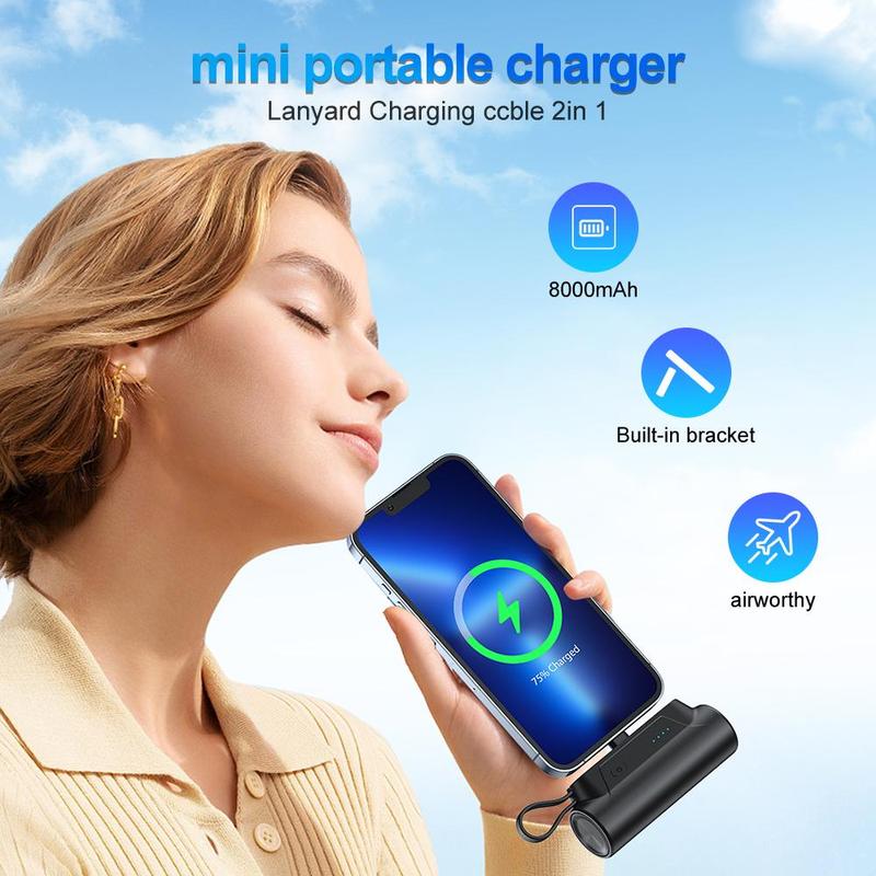 8000mAh Power Bank with Built-in Cable & Holder, Mini Lightweight Mobile Charger, Compatible with iPhone, Galaxy, iPad & Other Electronic Products