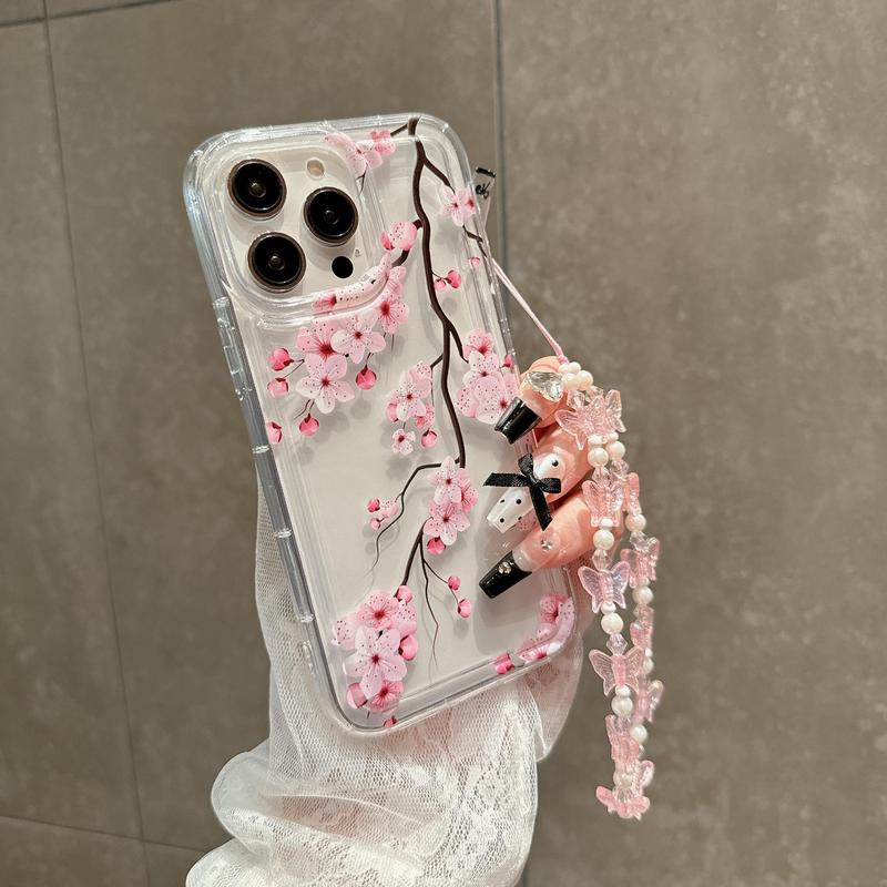 Cherry Blossom Pattern Phone Case with Lanyard, Anti-drop Cellphone Protective Case, Total Protective Shockproof Phone Cover for iPhone 11 12 13 14 15 Pro Max