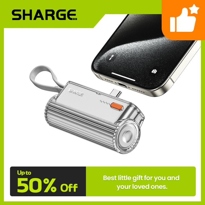 SHARGE Flow Mini Portable Charger, 5000mAh Mini Power Bank with Changeable Plugs and Built in Cable, Dual Output USB-C