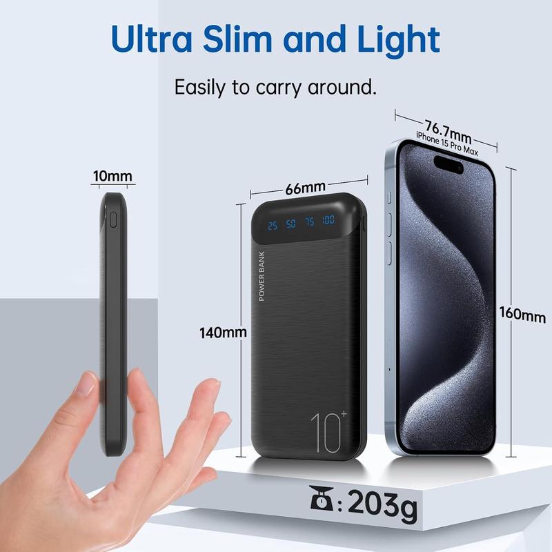 Power Bank 10000mAh Portable Charger ,Slim External Battery Pack with 2 USB 2.4A Outputs and USB C in Out Compatible for iPhone 15 14 13 12 iPad Samsung Galaxy S20 Android Tablet Charging Electronic Smartphone Chargeable