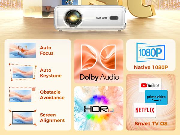 [Netflix-Officially-Licensed] 1080P Full HD Portable Projector, AI Auto Focus&Keystone, DoIby Sound, Compatible with Smartphone HDMI USB AV