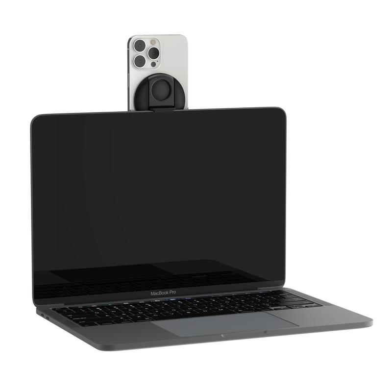 Belkin Stage iPhone Mount with MagSafe, ring grip & folding kickstand, for FaceTime, content creation & video conferencing, continuity camera mount for Mac notebooks, hands-free, black and white.