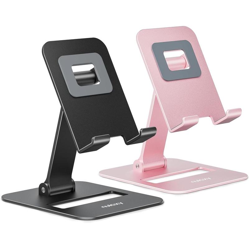 2 Pack Dual Folding Cell Phone Stand, Fully Adjustable Phone Holder for Desk, Compatible with IPhone 16 15 14 13 12 11, All Phones, Black & Rose Gold