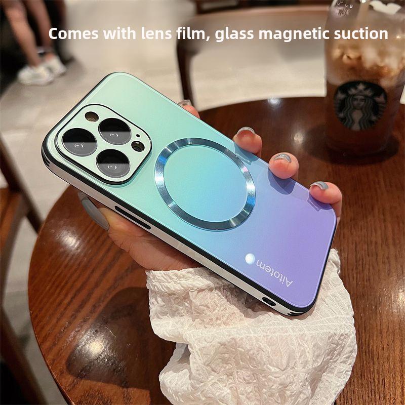 Gradient Magnetic Mobile Phone Shell for iP Drop-Resistant Tempered Glass Comes with Lens Protector Accessories Smartphone Accessories Smartphone magnetic case