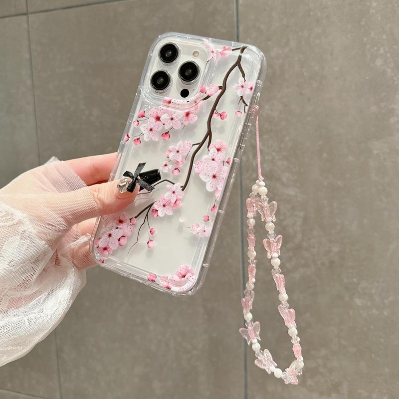 Cherry Blossom Pattern Phone Case with Lanyard, Anti-drop Cellphone Protective Case, Total Protective Shockproof Phone Cover for iPhone 11 12 13 14 15 Pro Max