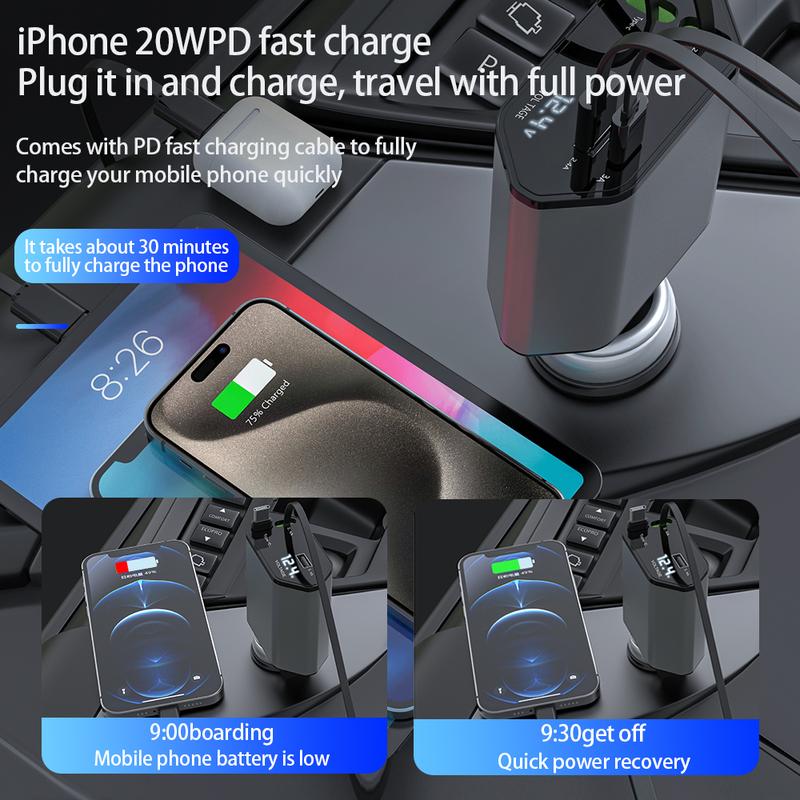  Retractable Car Charger 4 in 1 Fast Car Phone Charger 120W, Type C Car Charger Adapter with 2X Retractable Phone Charger Cables and 2X USB Ports for iPhone 15 14 13 12, Samsung S24 S23,Google Cellphone Smartphone Mobile Charging Electronic