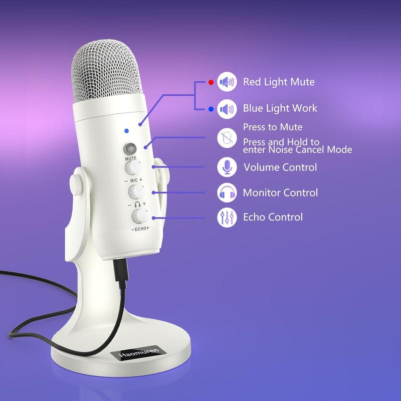 HAOMUREN USB Wired Microphone, 1 Count Condenser Gaming Mic with Gain-Knob & LED Mute & Monitor Volume Adjustment, Stand Base for Streaming, Studio Recording