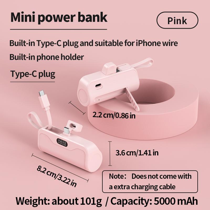 Portable Mini Power Bank, 5000mAh Cute Mini Power Bank with Built-in Cable, Lightweight Portable Charger Compatible with iPhone Samsung Xiaomi Huawei