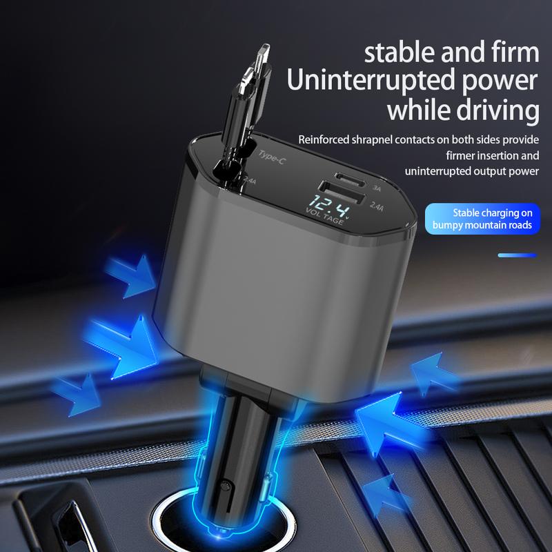  Retractable Car Charger 4 in 1 Fast Car Phone Charger 120W, Type C Car Charger Adapter with 2X Retractable Phone Charger Cables and 2X USB Ports for iPhone 15 14 13 12, Samsung S24 S23,Google Cellphone Smartphone Mobile Charging Electronic