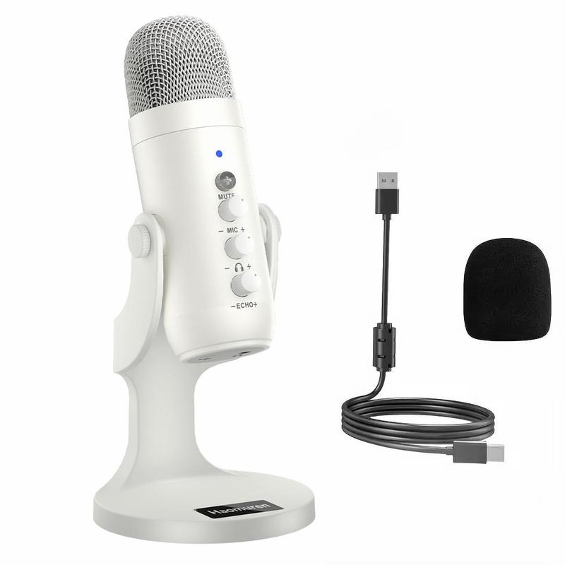 HAOMUREN USB Wired Microphone, 1 Count Condenser Gaming Mic with Gain-Knob & LED Mute & Monitor Volume Adjustment, Stand Base for Streaming, Studio Recording