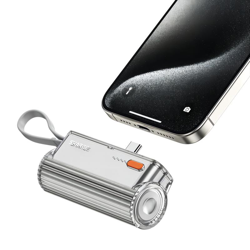 SHARGE Flow Mini Portable Charger, 5000mAh Mini Power Bank with Changeable Plugs and Built in Cable, Dual Output USB-C