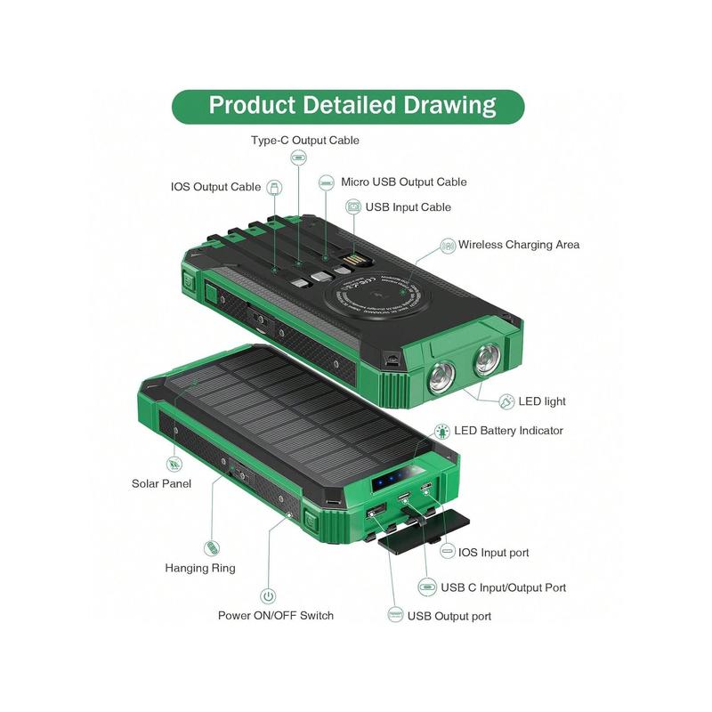 Solar Power Bank 10000mAh Built-In 4 Cables Qi Wireless Charger For Samsung Galaxy Z Flip With LED Flashlight Solar Portable External Battery IPX4 Waterproof 15W 5V 3A USB C Port 6 Outputs 3 Inputs