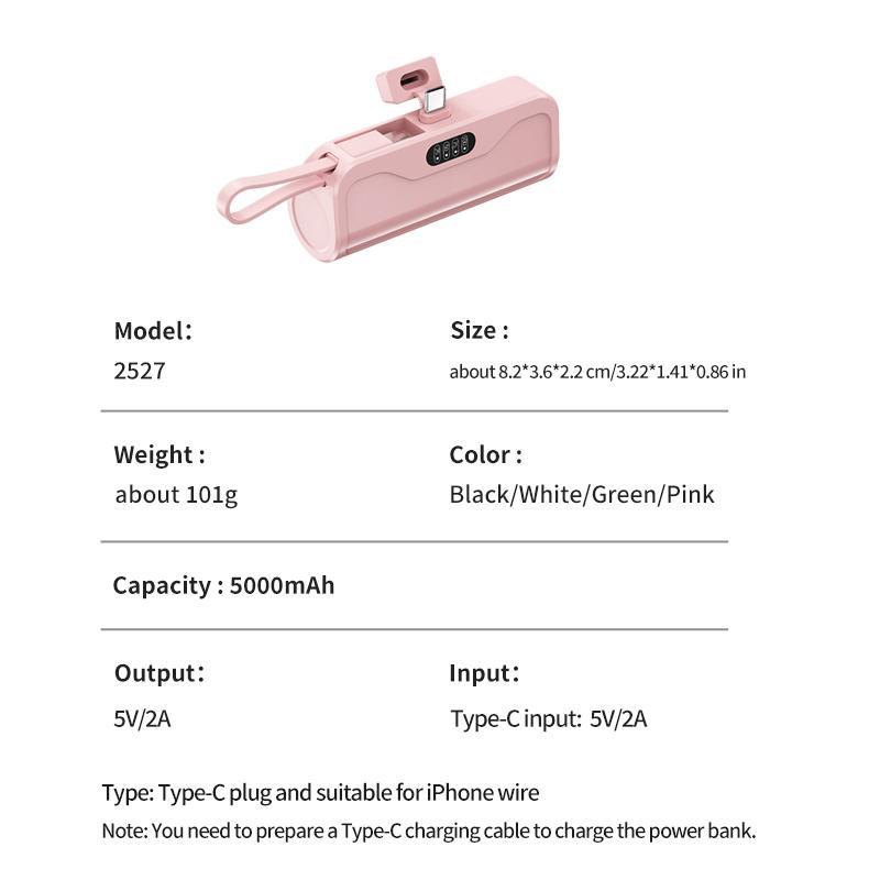 Portable Mini Power Bank, 5000mAh Cute Mini Power Bank with Built-in Cable, Lightweight Portable Charger Compatible with iPhone Samsung Xiaomi Huawei