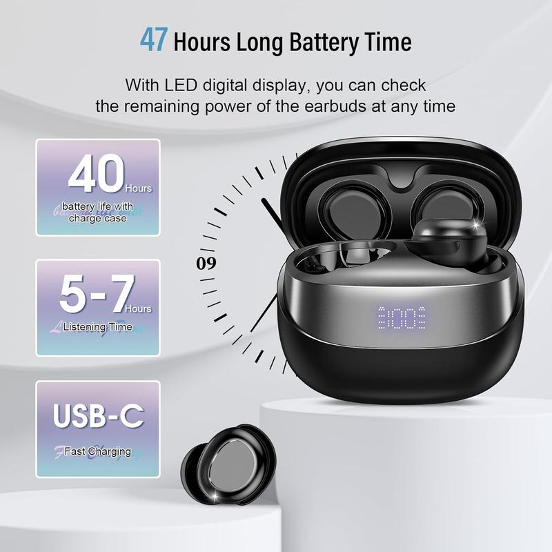 [Black Friday] 2025 Sleep Earbuds Bluetooth 5.4 in Ear Light-Weight Headphones, Mini Sleep Headphones Small Design for Side Sleepers, 47H Playtime with Charging Case, Clear Calls Earphones, Black