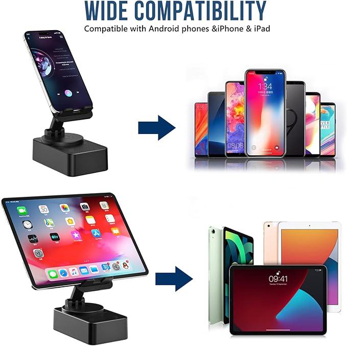 5 IN 1 Wireless Bluetooth Cell Phone Holder Speaker Universal Foldable, Bluetooth 5.0 FM HD Bassup Answer Calls, Emergency Power Bank,  360° Rotation Phone Speaker Stand & Charger, Speakers for Kitchen Travel Party Outdoors Gym iphone  holder