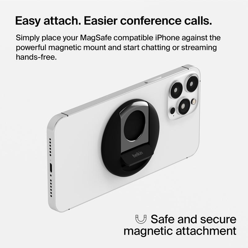 Belkin Stage iPhone Mount with MagSafe, ring grip & folding kickstand, for FaceTime, content creation & video conferencing, continuity camera mount for Mac notebooks, hands-free, black and white.