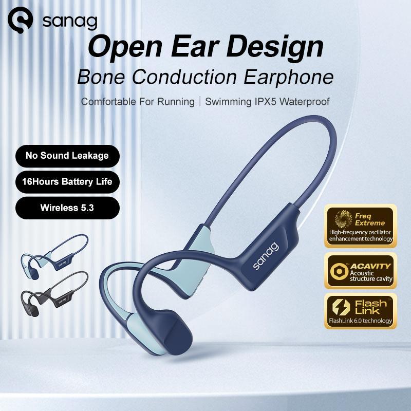 Sanag B22S Wireless Bone Conduction Earphones, Lightweight & Comfortable Anti-Wind Noise Headset, Sweatproof Panoramic Sound Open Ear Sports Headset