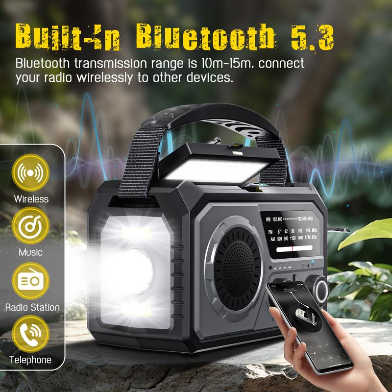 16000mAh Portable Emergency Weather Radio Hand Crank Radio AM FM NOAA Radio Solar Radio With 2 Solar Panels 3Charging Methods SOS Alert 3 Modes Flashlight Cell Phone Charger Reading Light tent light