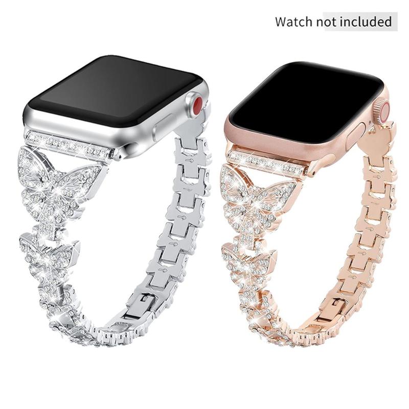 GIROUETTE Butterfly Rhinestone Decor Watch Band, Fashionable Watch Band for Women, Watch Strap Compatible with Apple Watch Series 9 8 7 6 5 4 3 2, Smart Watch Accessories