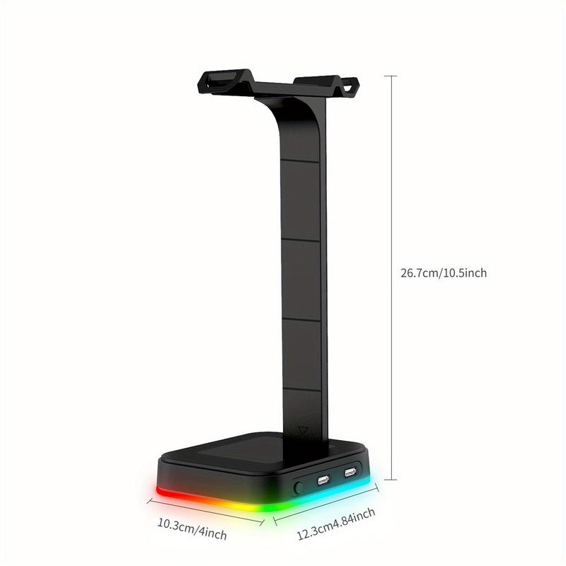 4 in 1 RGB Gaming Headphone Stand, Desk Headset Charging Base with Phone Holder & 2 USB Ports, Headphone Stand for Desktop PC Game Earphone