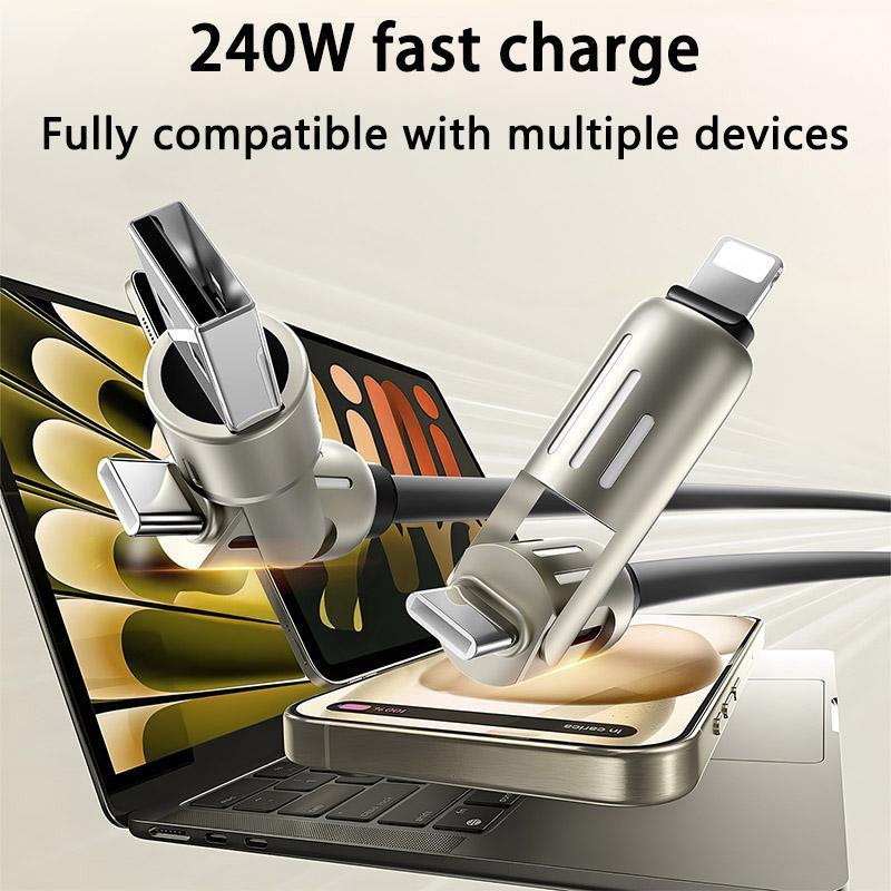 240W 4-in-1 USB-C Cable - PD 5A Fast Charging & Data Sync with USB A,TYPE C & Lightning, Breathing Light, Aluminum Alloy Design, 4FT Silicone Cable, Compatible with iPhone 15 14, iPad Pro, Samsung, and Laptops Electronic Smartphone Charger Mobile