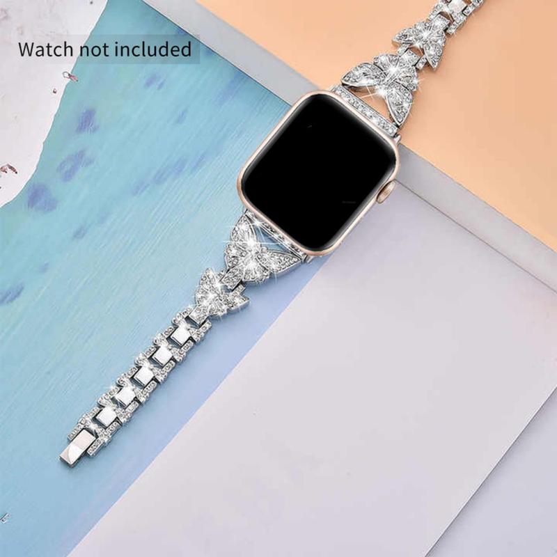 GIROUETTE Butterfly Rhinestone Decor Watch Band, Fashionable Watch Band for Women, Watch Strap Compatible with Apple Watch Series 9 8 7 6 5 4 3 2, Smart Watch Accessories