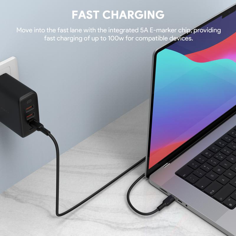 AUKEY CB-KCC102 Cable USB-C to USB-C 100W  6ft New Nylon Braided Cable with Kevlar Core iPhone&Android Macbook Pro Samsung Cellphone Smartphone