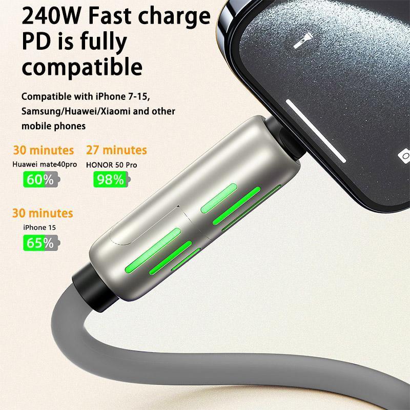 240W 4-in-1 USB-C Cable - PD 5A Fast Charging & Data Sync with USB A,TYPE C & Lightning, Breathing Light, Aluminum Alloy Design, 4FT Silicone Cable, Compatible with iPhone 15 14, iPad Pro, Samsung, and Laptops Electronic Smartphone Charger Mobile