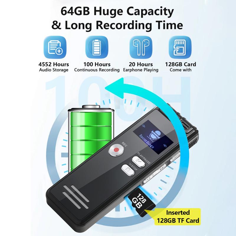 128GB Digital Voice Activated Recorder with Playback - 4552 Hours Audio Recording Device, 3072Kpbs HD Dual MIC voicerecorder 