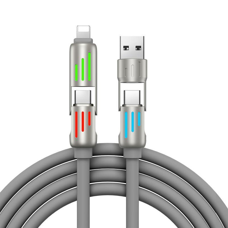 240W 4-in-1 USB-C Cable - PD 5A Fast Charging & Data Sync with USB A,TYPE C & Lightning, Breathing Light, Aluminum Alloy Design, 4FT Silicone Cable, Compatible with iPhone 15 14, iPad Pro, Samsung, and Laptops Electronic Smartphone Charger Mobile