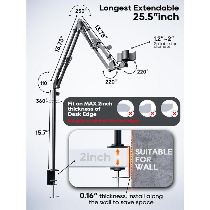 Boom Arm 360 Rotatable Microphone Stand with Desk Mount, Foldable Desk Mic Arm with 3 8'' to 5 8'' Screw Adapter, Microphone Arm for Live Streaming, Gaming, PodcastingHeightened Version