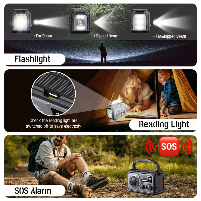 16000mAh Portable Emergency Weather Radio Hand Crank Radio AM FM NOAA Radio Solar Radio With 2 Solar Panels 3Charging Methods SOS Alert 3 Modes Flashlight Cell Phone Charger Reading Light tent light