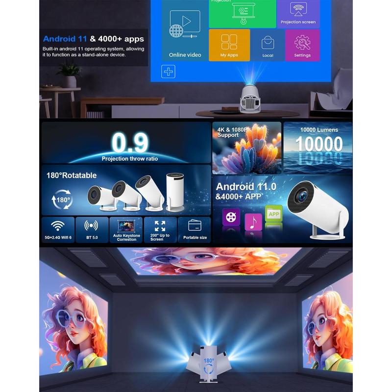 Projector 4K 1080P Support, Mini Projector Smart for Movie Projection Compatible with Phone Screen Adjustment, 180 Degree Rotation, Home Video Projector Built-in Android 11.0 OS