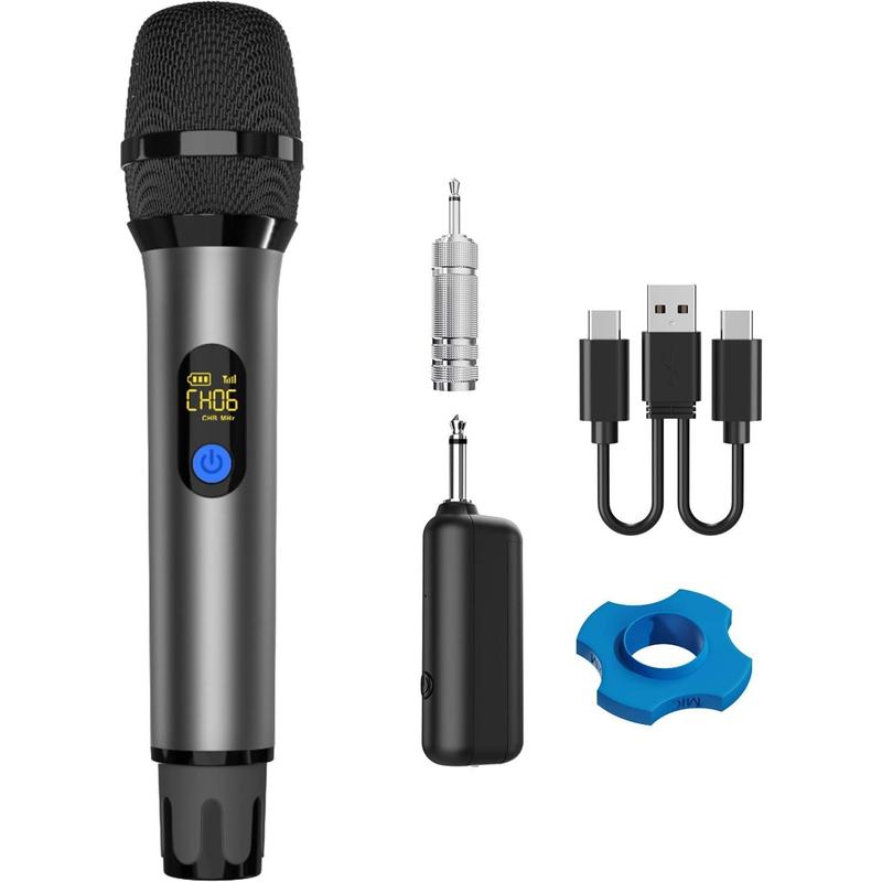 Wireless Microphone UHF with Alloy Shell, Rechargeable Wireless Handheld Microphone Wireless Mic Cordless Microphone for Speaking, Microfono Inalambrico Professional for Karaoke Singing DJ