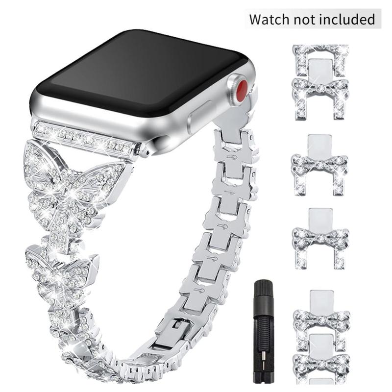 GIROUETTE Butterfly Rhinestone Decor Watch Band, Fashionable Watch Band for Women, Watch Strap Compatible with Apple Watch Series 9 8 7 6 5 4 3 2, Smart Watch Accessories