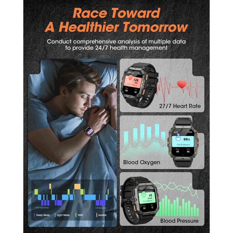 Military Smart Watch for Men with Blood Pressure (Answer Make Call), Rugged Tactical Smartwatch for Android and iPhone, Waterproof Outdoor Sports Fitness Tracker with Heart Rate, Sleep Monitor smart _