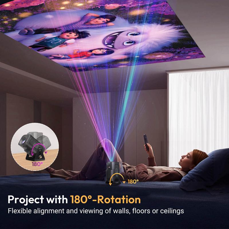 Portable Projector 720P, 180° Rotatable WIFI6 Bluetooth5.0, 200ANSI Auto Keystone Correction Mini Projector, Home Video Projector