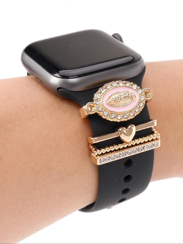 Fashion Watch Band Decorative Ring, 4counts set Rhinestone & Virgin Mary Design Watch Strap Decorative Ring for iWatch Strap & Galaxy, Watch Accessories for Women & Girls