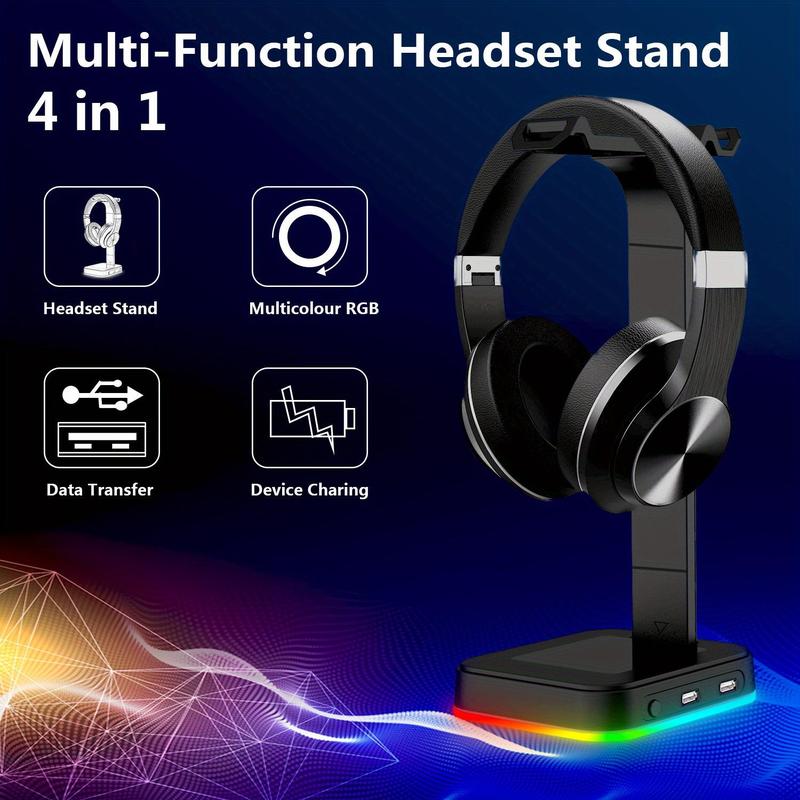 4 in 1 RGB Gaming Headphone Stand, Desk Headset Charging Base with Phone Holder & 2 USB Ports, Headphone Stand for Desktop PC Game Earphone