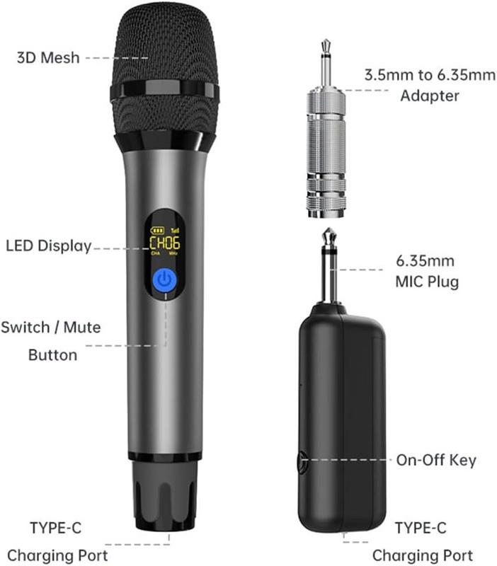 Wireless Microphone UHF with Alloy Shell, Rechargeable Wireless Handheld Microphone Wireless Mic Cordless Microphone for Speaking, Microfono Inalambrico Professional for Karaoke Singing DJ