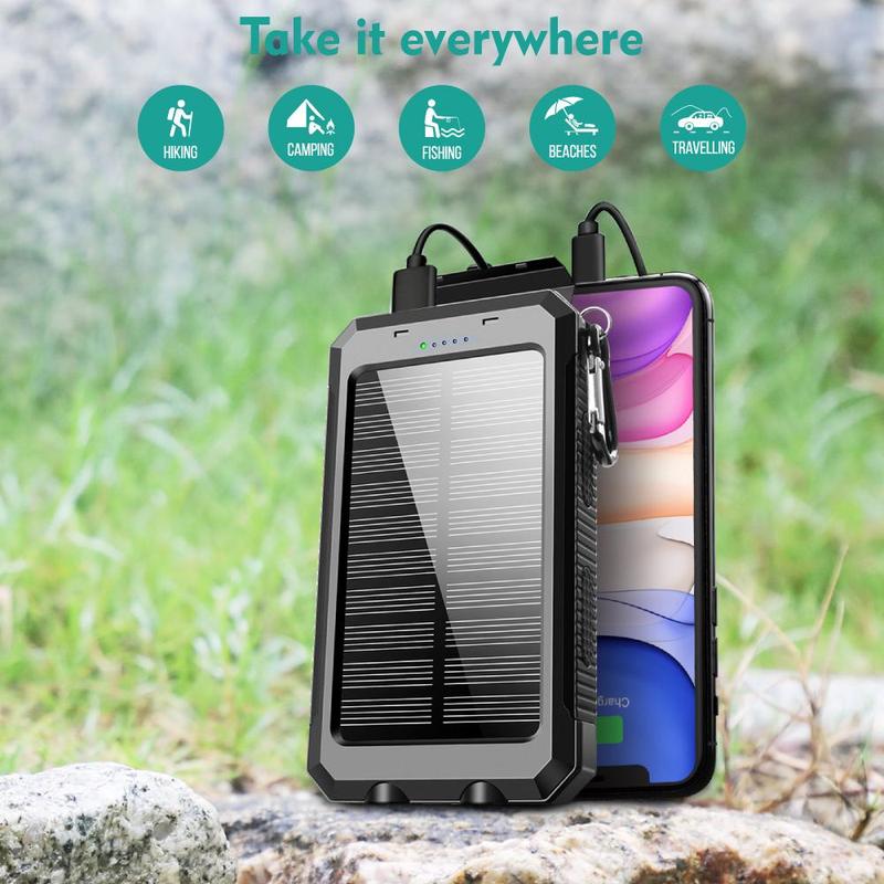 10000mAh Outdoor Power Bank with Solar Panel, Portable Solar Phone Charger, Dual USB Ports Power Bank with Dual LED Flashlight for Travel, Camping