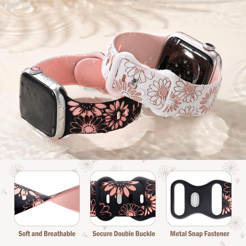 Floral Engraved Watch Band (Band Only), 2 Counts Soft Silicone Sports Watch Band, Smart Watch Band, Wearable Accessories for iWatch Series 9 8 7 6 5 4 3 2 1 SE Ultra 2