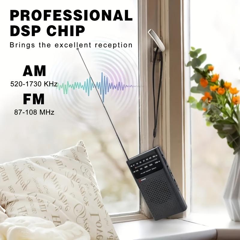 Portable AM FM Radio with Speaker, Headphone Jack, Remote Control, Non-Waterproof, LED Display, Use 2 AA Batteries, Black, Suitable for Indoor, Outdoor and Emergency Use